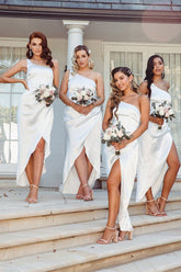 Viola |White One Shoulder Satin Bridesmaid Dresses Mermaid Long Asymmetrical - White - PromDressClub